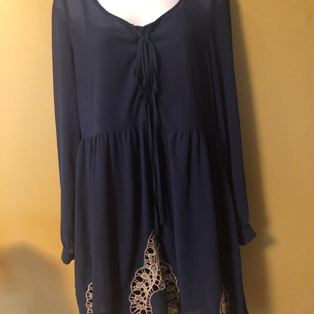 Blue THML dress with crochet details built in slip